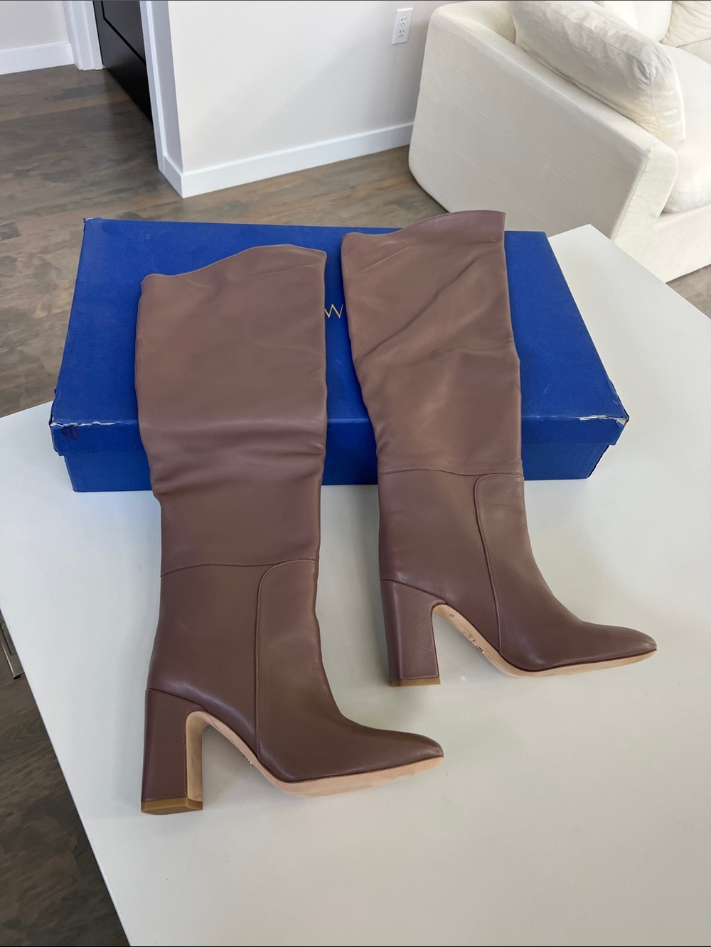 Stuart Weitzman taupe leather over the knee block heeled boots size 7